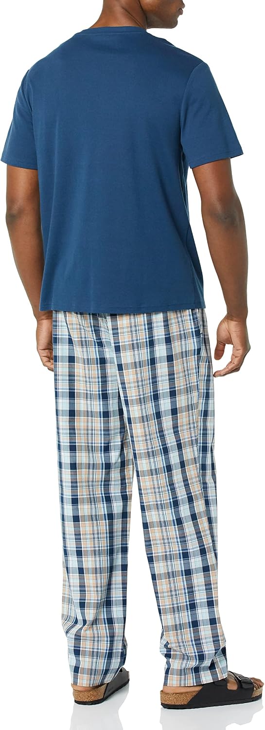 Amazon Essentials Men's Cotton Stretch Poplin Pant with Cotton Jersey T-Shirt Pajama Set