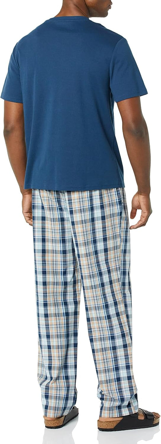 Amazon Essentials Men's Cotton Stretch Poplin Pant with Cotton Jersey T-Shirt Pajama Set