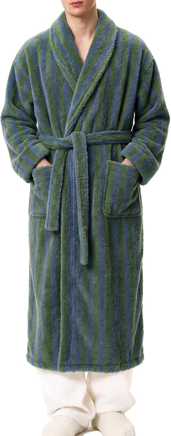 Gihuo Mens Striped Robe Long Fluffy Plush Bathrobe