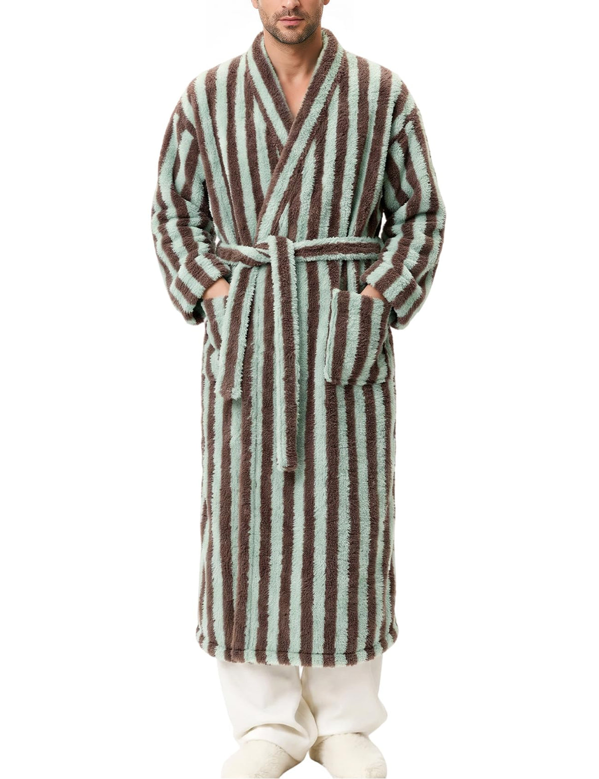 Arssm Mens Striped Plush Robe Long Fluffy Fuzzy Cozy Bathrobe