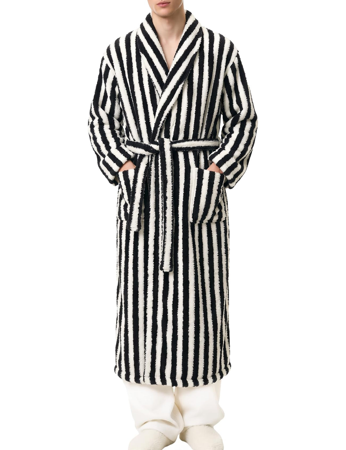 Gihuo Mens Striped Robe Long Fluffy Plush Bathrobe
