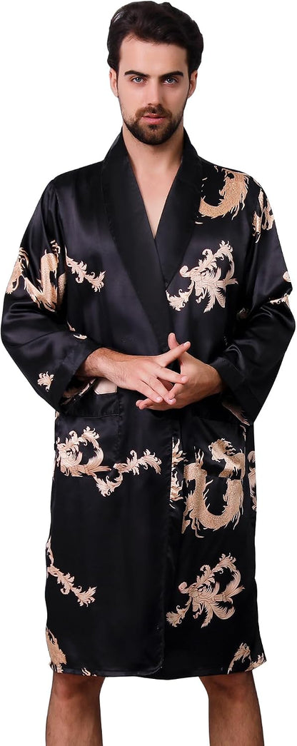 Haseil Men's Satin Robe Dragon Luxurious Silk Spa Long Sleeve House Kimono Bathrobe