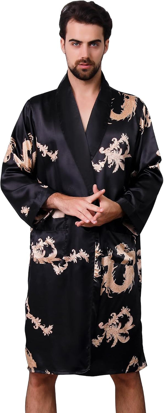 Haseil Men's Satin Robe Dragon Luxurious Silk Spa Long Sleeve House Kimono Bathrobe