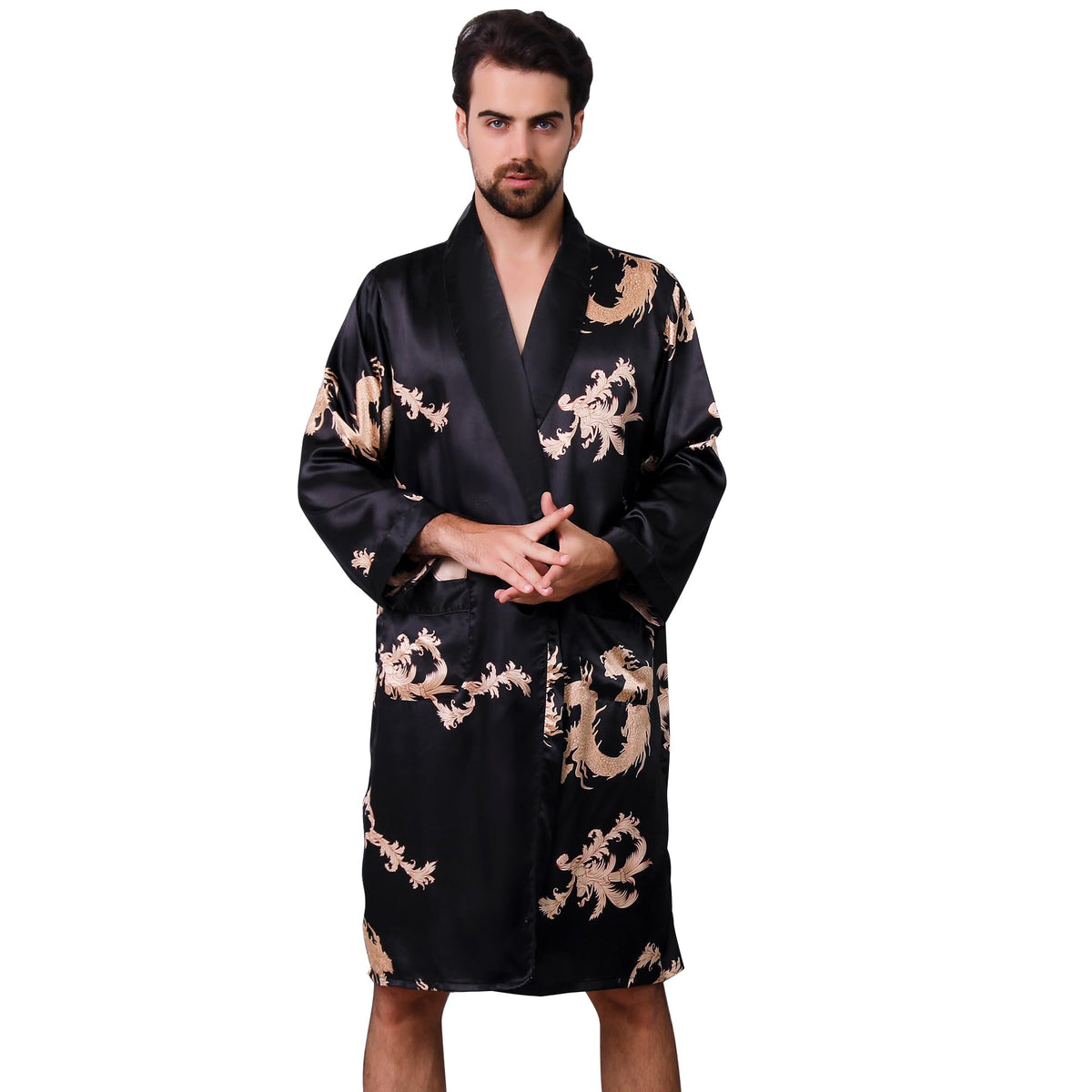 Haseil Men's Satin Robe Dragon Luxurious Silk Spa Long Sleeve House Kimono Bathrobe