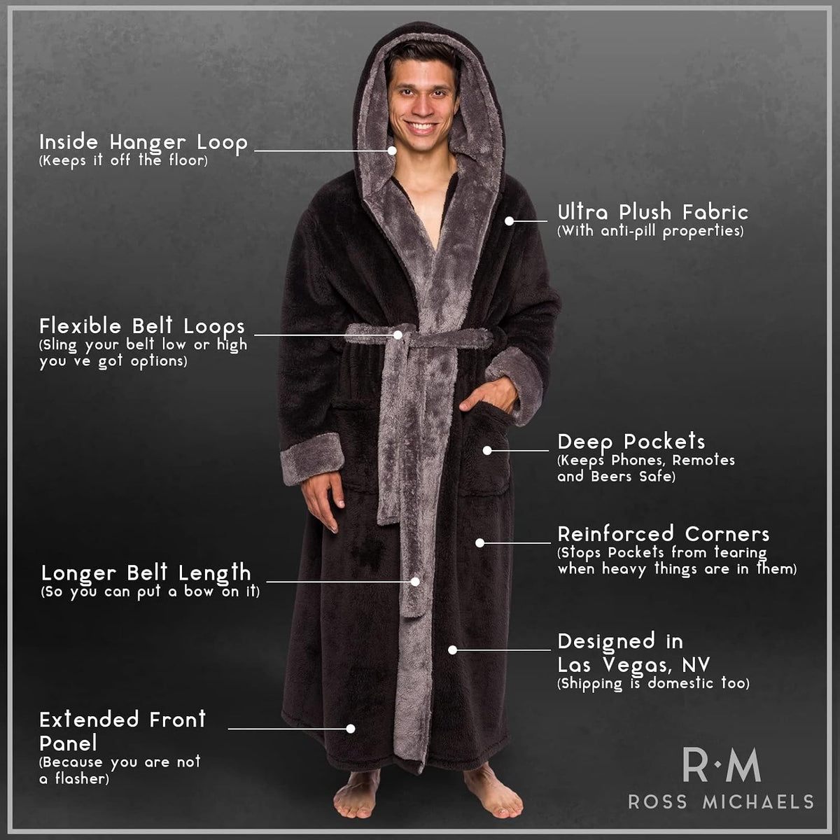 Ross Michaels Mens Luxury Robe Hooded Big and Tall - Long Plush Fleece Bath Robe with Hood and Pockets- Gift Men and Teens