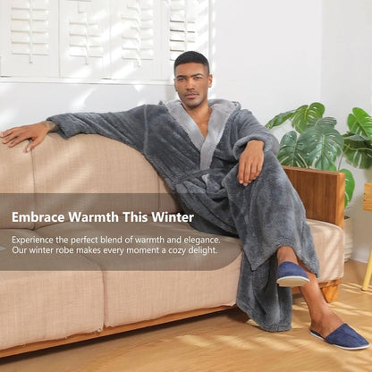 Hellomamma Mens Robe with Hood Plush Fleece Long Belted Bathrobes
