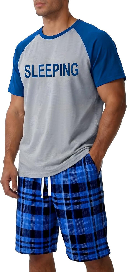 Mens Pajamas Set Soft Short Sleeve Pjs Plaid Pajamas 2 Piece Sleepwear Mens Loungewear Sets Summer with Pockets