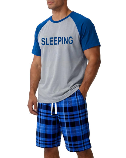 Mens Pajamas Set Soft Short Sleeve Pjs Plaid Pajamas 2 Piece Sleepwear Mens Loungewear Sets Summer with Pockets
