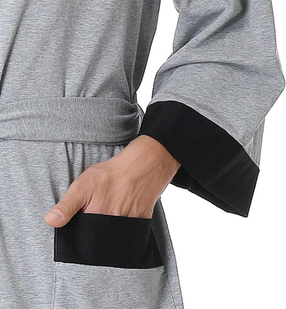 KEMUSI Men's Summer Knee-Length Breathable Absorbent Sleepwear Bathrobe, Mid Sleeve, Grey with Black Trim, Soft and Comfy