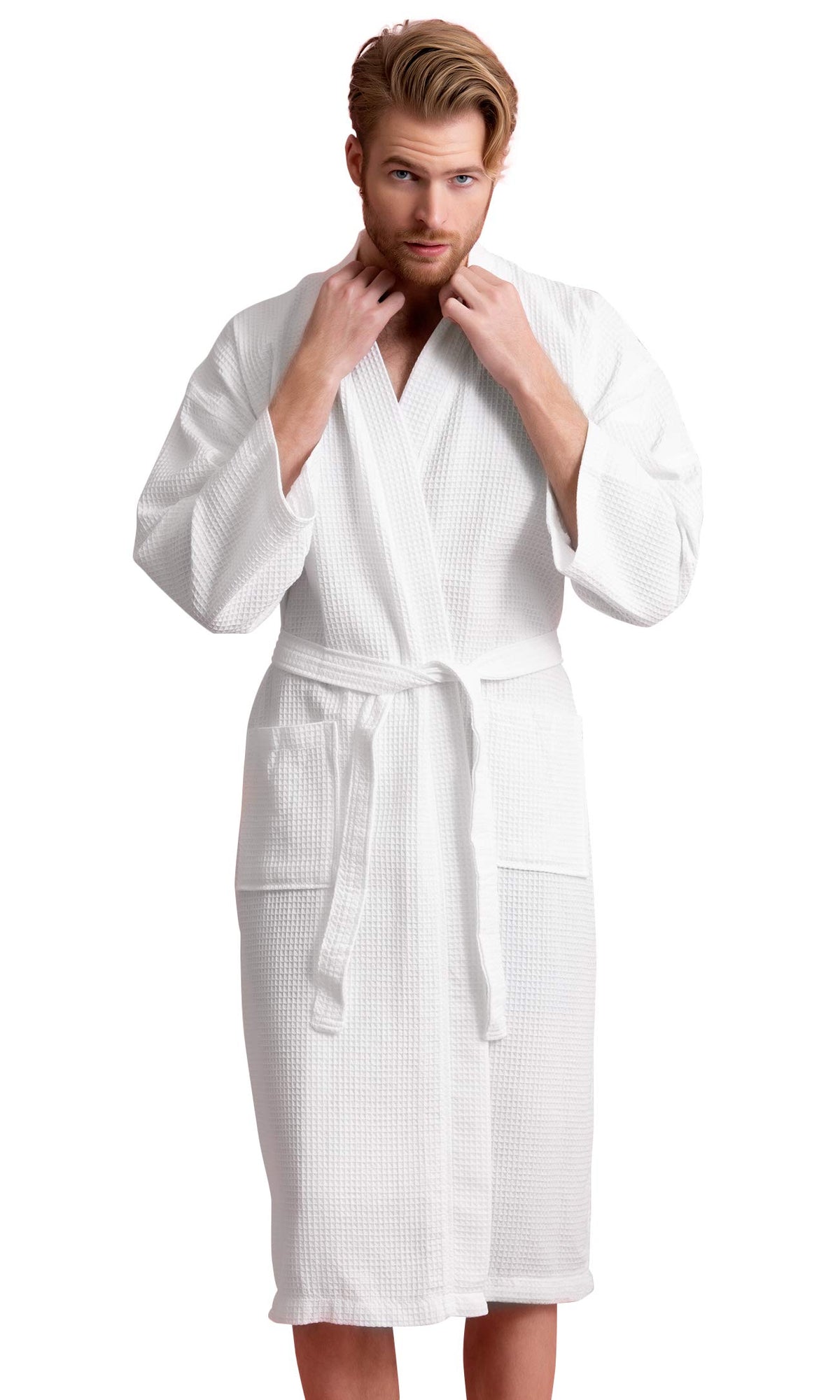 Men's Long Waffle Weave Kimono Bathrobe, 60% Cotton 40% Polyester