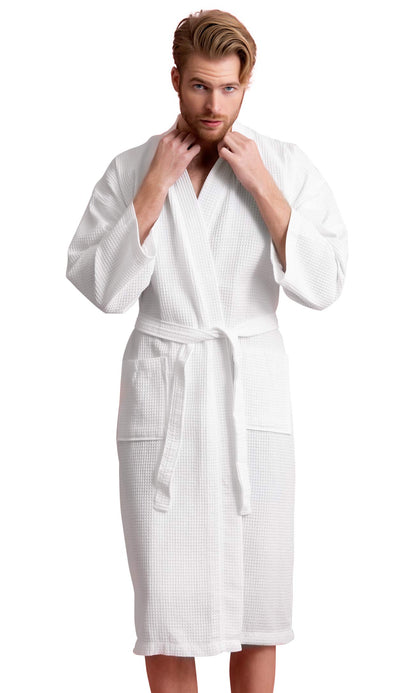 Men's Long Waffle Weave Kimono Bathrobe, 60% Cotton 40% Polyester