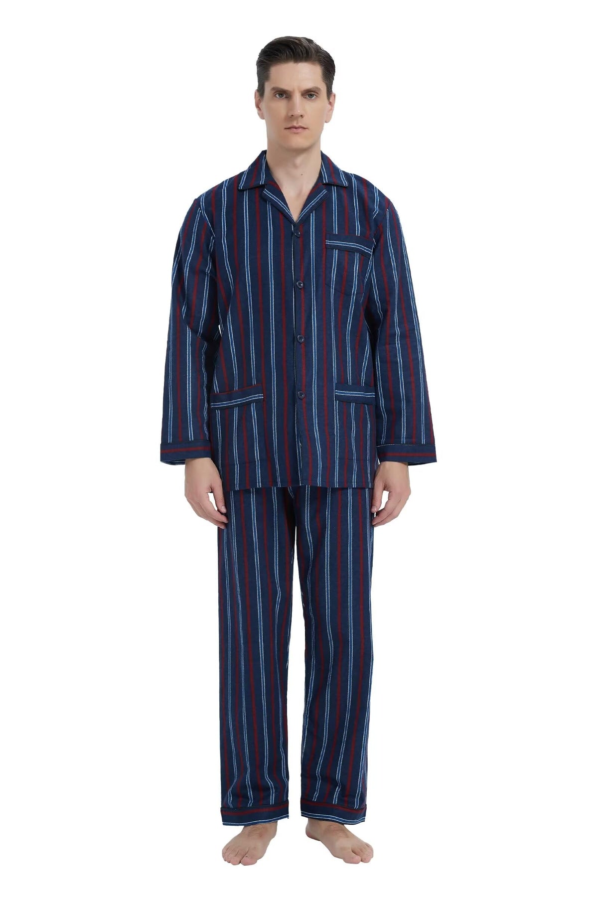 GLOBAL Men's Pajamas Sets 100% Cotton Flannel Sleepwear Long-Sleeve top & Bottom