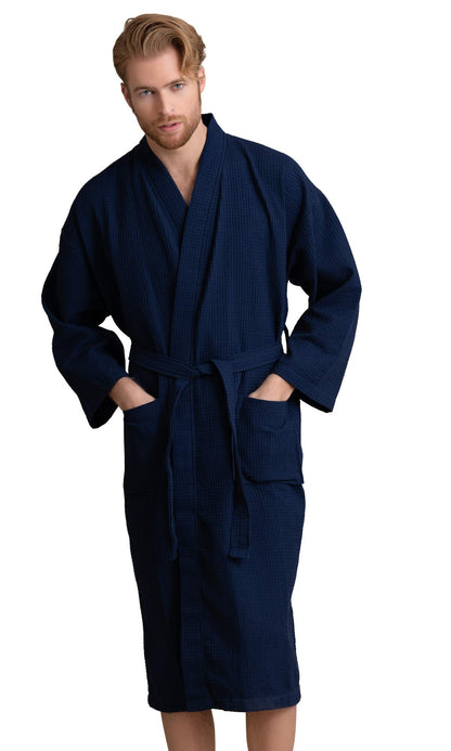 Men's Long Waffle Weave Kimono Bathrobe, 60% Cotton 40% Polyester