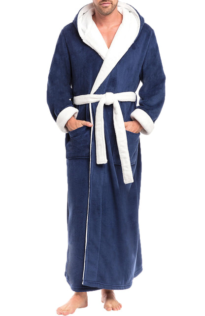 Men's Plush Fleece Hooded Robe with Pockets, Long Bathrobe