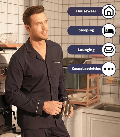 DAVID ARCHY Men's Pajama Set, Premium Combed Cotton Long Sleeve Sleepwear