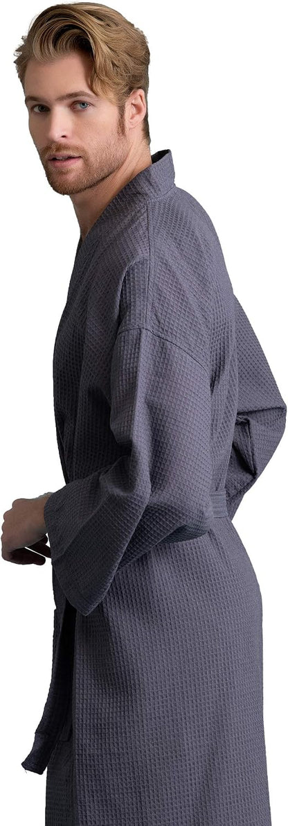 Men's Long Waffle Weave Kimono Bathrobe, 60% Cotton 40% Polyester