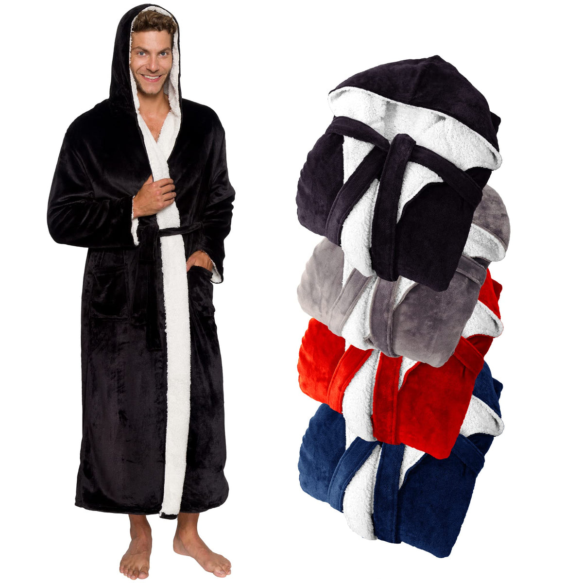 Ross Michaels Mens Luxury Robe Hooded Big and Tall - Long Plush Fleece Bath Robe with Hood and Pockets- Gift Men and Teens