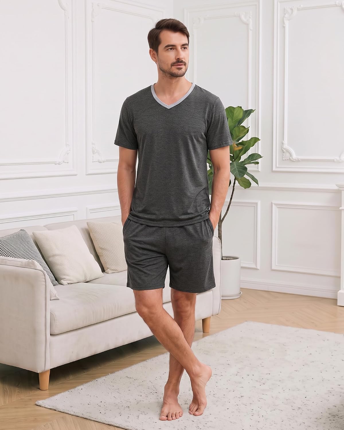 MyFav Mens Pajama Set Soft V Neck PjsShort Sleeves Shirts and Shorts Loungewear Solid Color Sleep Sets