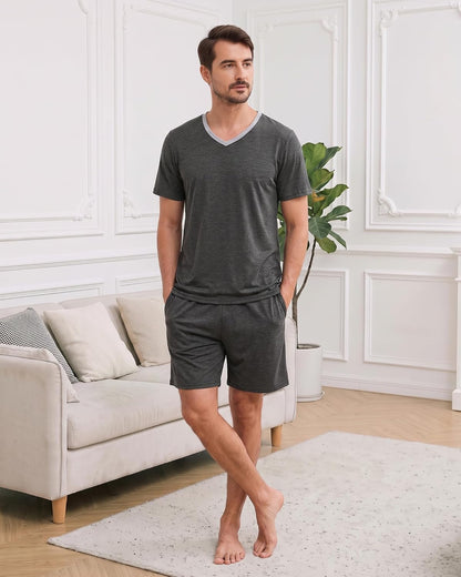 MyFav Mens Pajama Set Soft V Neck PjsShort Sleeves Shirts and Shorts Loungewear Solid Color Sleep Sets