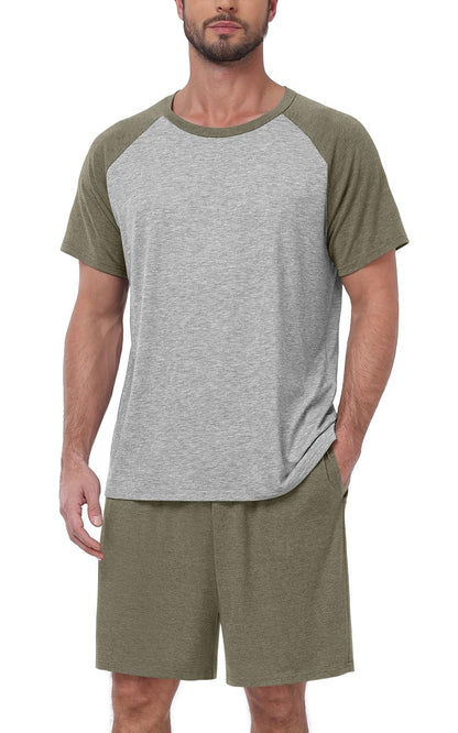 MLXSJ Mens Pajama Set Summer Pjs Sleepwear Soft Sleep Set With Pocket S-3XL