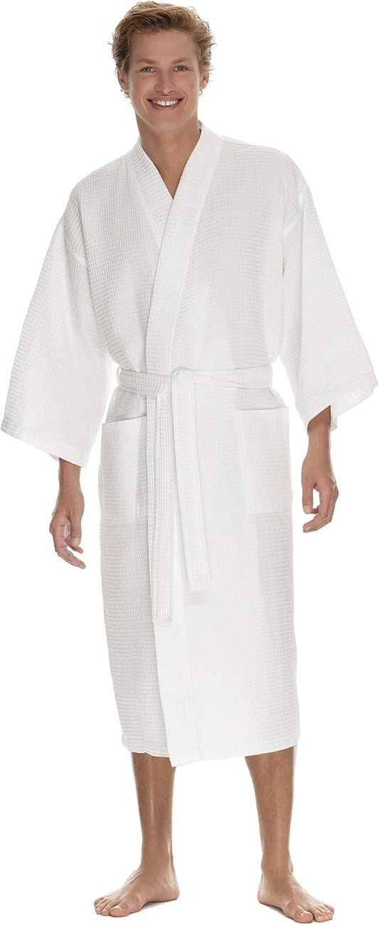 Men's Waffle Robe by BOCA TERRY, Waffle Knit Spa Robe, Long Lightweight Cotton Kimono Hotel Bathrobe
