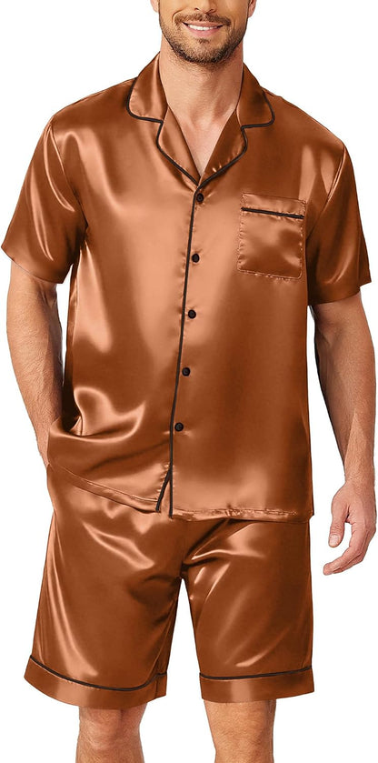 Ekouaer Mens Pajamas Set Silk Satin Pjs Short Sleeve Button Up Lounge Sets