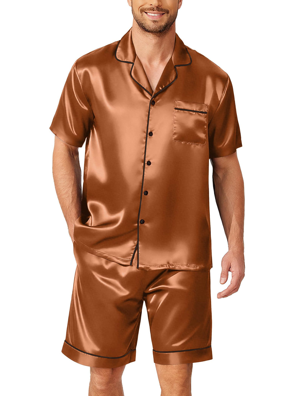 Ekouaer Mens Pajamas Set Silk Satin Pjs Short Sleeve Button Up Lounge Sets