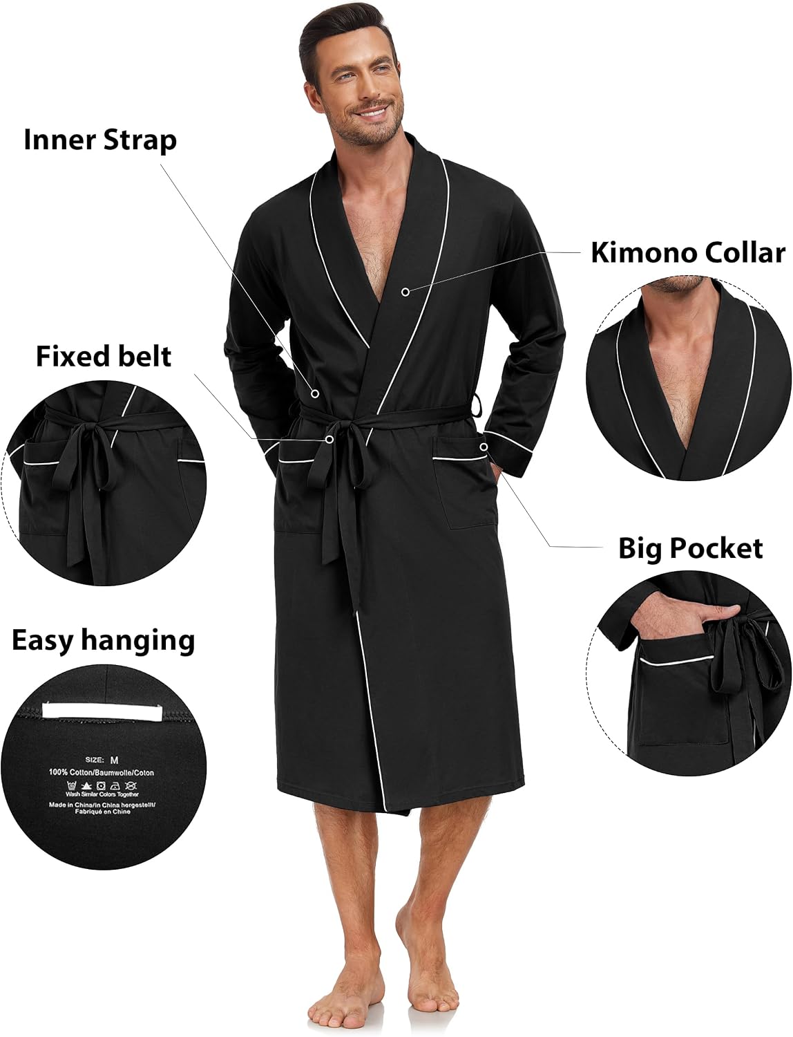 CF Mens Cotton Robe Lightweight Bathrobes Soft Long Robe Kimono Bathrobe