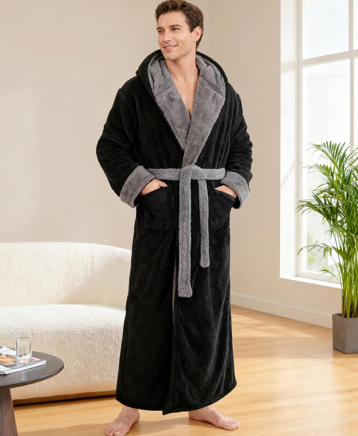 Yoimira Men's Robe with Hood, Big & Tall Plush Fleece Long Bathrobe