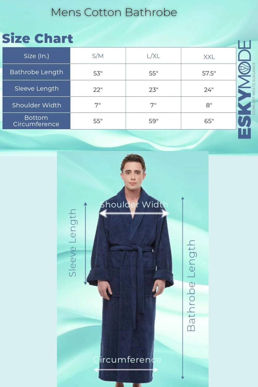 ESKYMODE Mens Cotton Bathrobe Ankle Length Long Men’s Terry Cloth Bath Robe