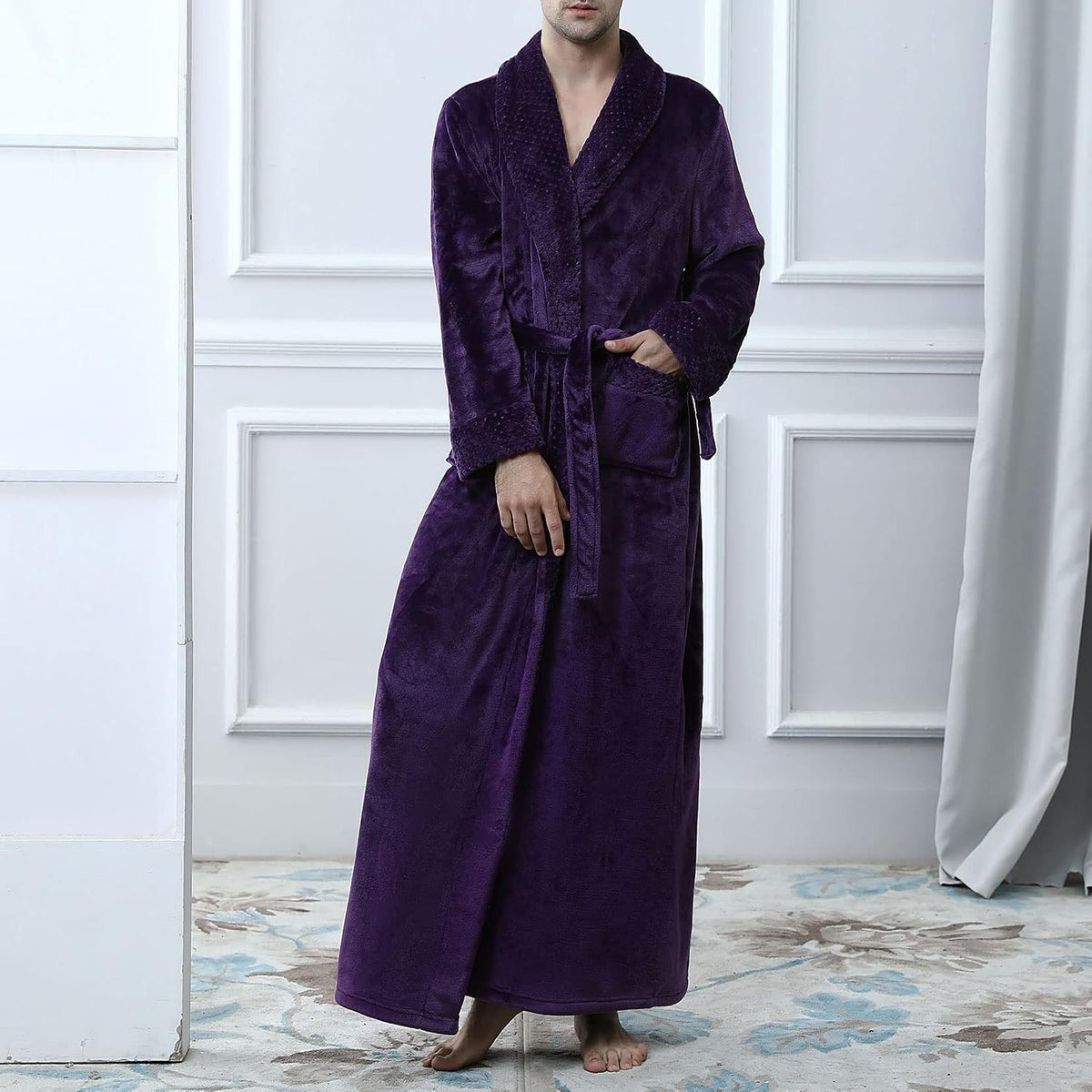 Lu's Chic Men's Long Sleeve Robe House Bathrobe Full Length Fluffy Pocket Winter Bath Hot Tub