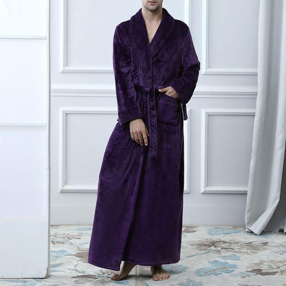Lu's Chic Men's Long Sleeve Robe House Bathrobe Full Length Fluffy Pocket Winter Bath Hot Tub