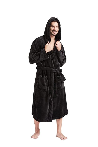 FashGudim Mens Hooded Robe Plush Shawl Collar Kimono Bathrobe Soft Warm Flannel Fleece Spa Robes House Coat Pajamas