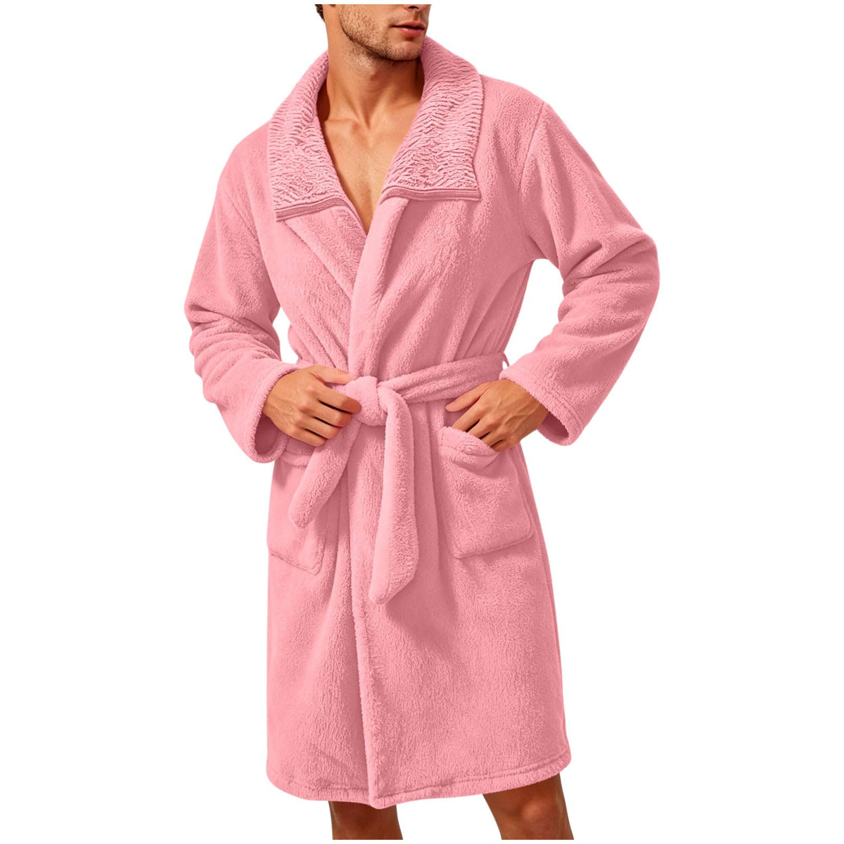 Robe for Men Fuzzy Fleece Collared Long Sleeve Thermal Bathrobe