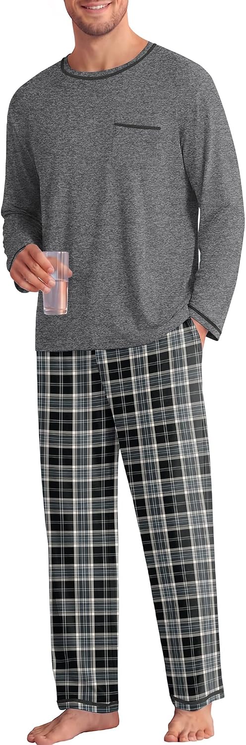 Ekouaer Mens Long Sleeve T-Shirt Pajama Set Soft 2 Piece Lounge Set