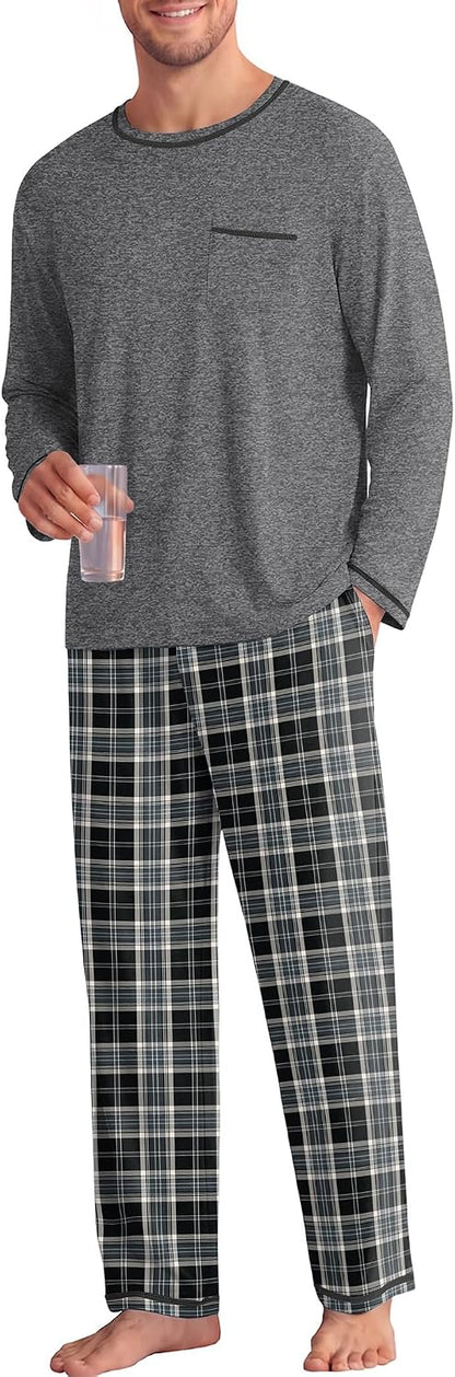 Ekouaer Mens Long Sleeve T-Shirt Pajama Set Soft 2 Piece Lounge Set