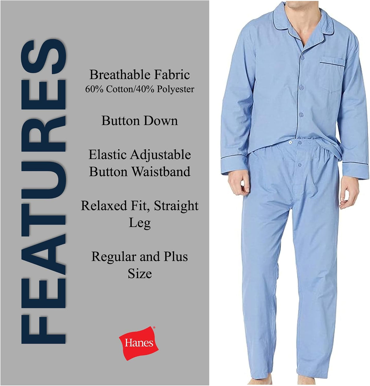 Hanes Men's Long Sleeve Leg Pajama Gift Set, Blue, X-Large, Medium Blue Solid, X-Large