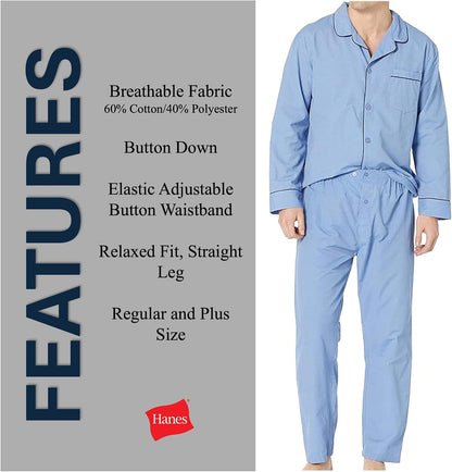 Hanes Men's Long Sleeve Leg Pajama Gift Set, Blue, X-Large, Medium Blue Solid, X-Large