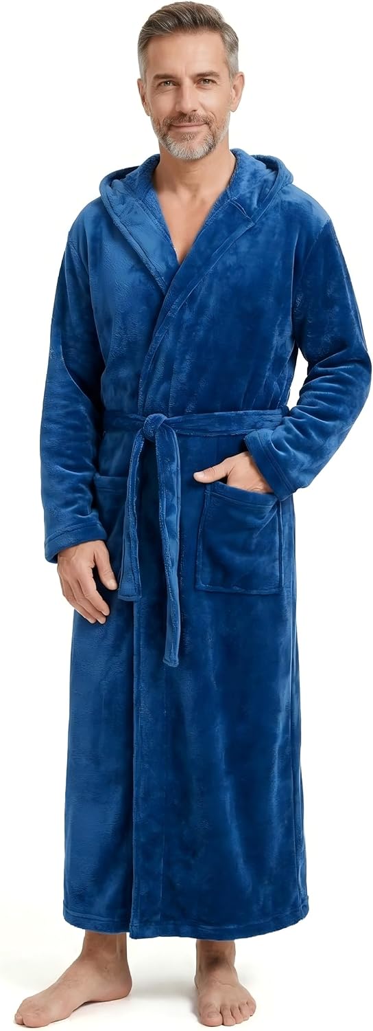 Cozy Plush Fleece Robe for Men, Big and Tall Hooded Long Robe, Warm Loungewear, Shawl Collar Pocketed Bathrobe