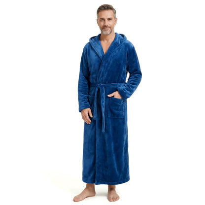Cozy Plush Fleece Robe for Men, Big and Tall Hooded Long Robe, Warm Loungewear, Shawl Collar Pocketed Bathrobe
