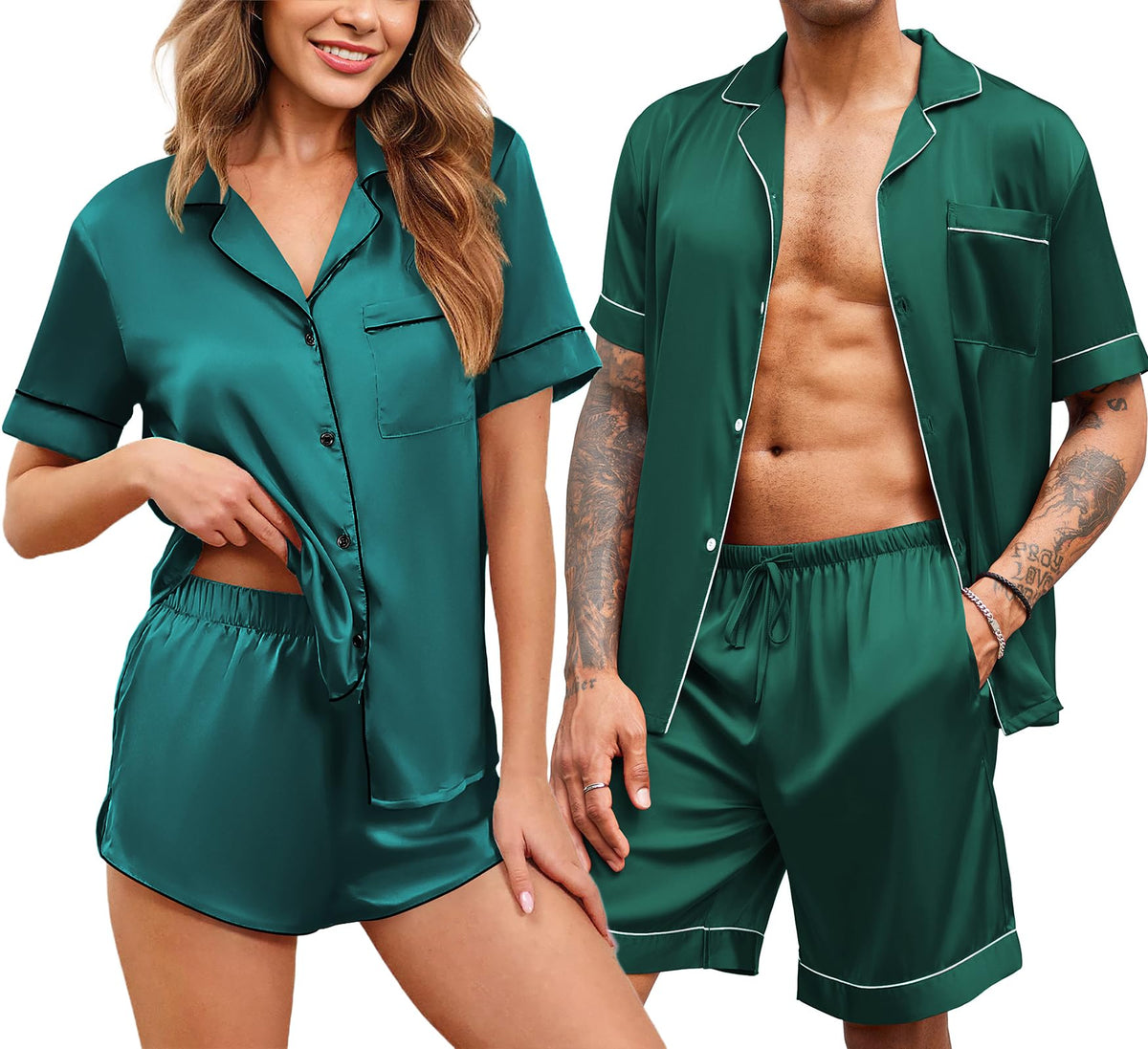 Ekouaer Couple Matching Pajamas Sets Silk Satin Button Sleepwear S-XXL