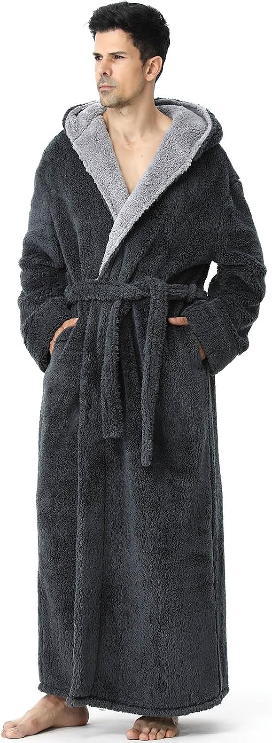 Hellomamma Mens Robe with Hood Plush Fleece Long Belted Bathrobes