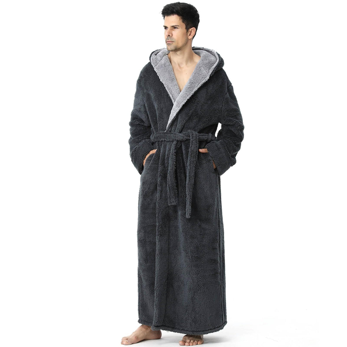 Hellomamma Mens Robe with Hood Plush Fleece Long Belted Bathrobes