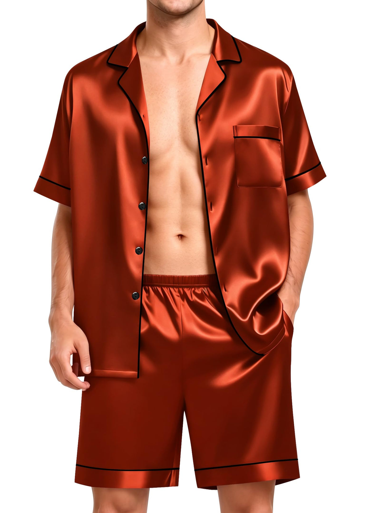 SWOMOG Men Satin Silk Pajamas Sets Short Sleeve Sleepwear Button-Down PJs Sets Two-Pieces Loungewear with Pockets