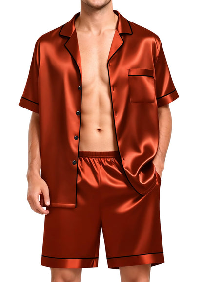SWOMOG Men Satin Silk Pajamas Sets Short Sleeve Sleepwear Button-Down PJs Sets Two-Pieces Loungewear with Pockets