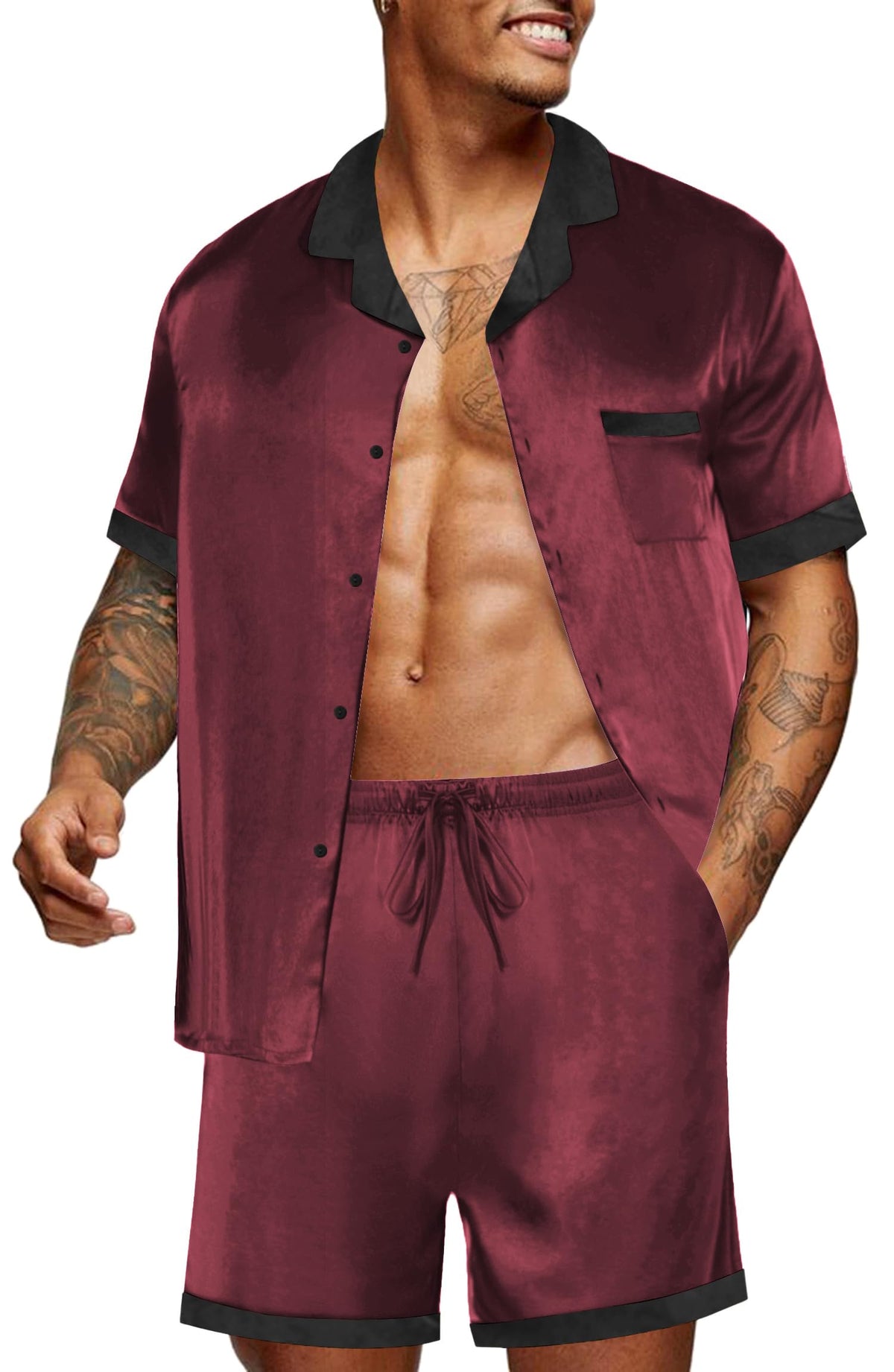 Ekouaer Men Silk Pajamas Set 2 Pieces Satin Pj Button Down Loungewear Sets