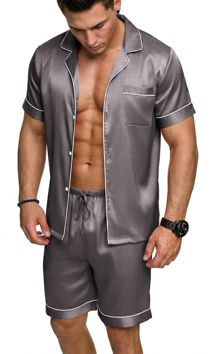 Ekouaer Mens Silk Satin Pajamas Set Short Sleeve Button Up Lounge Pjs Set