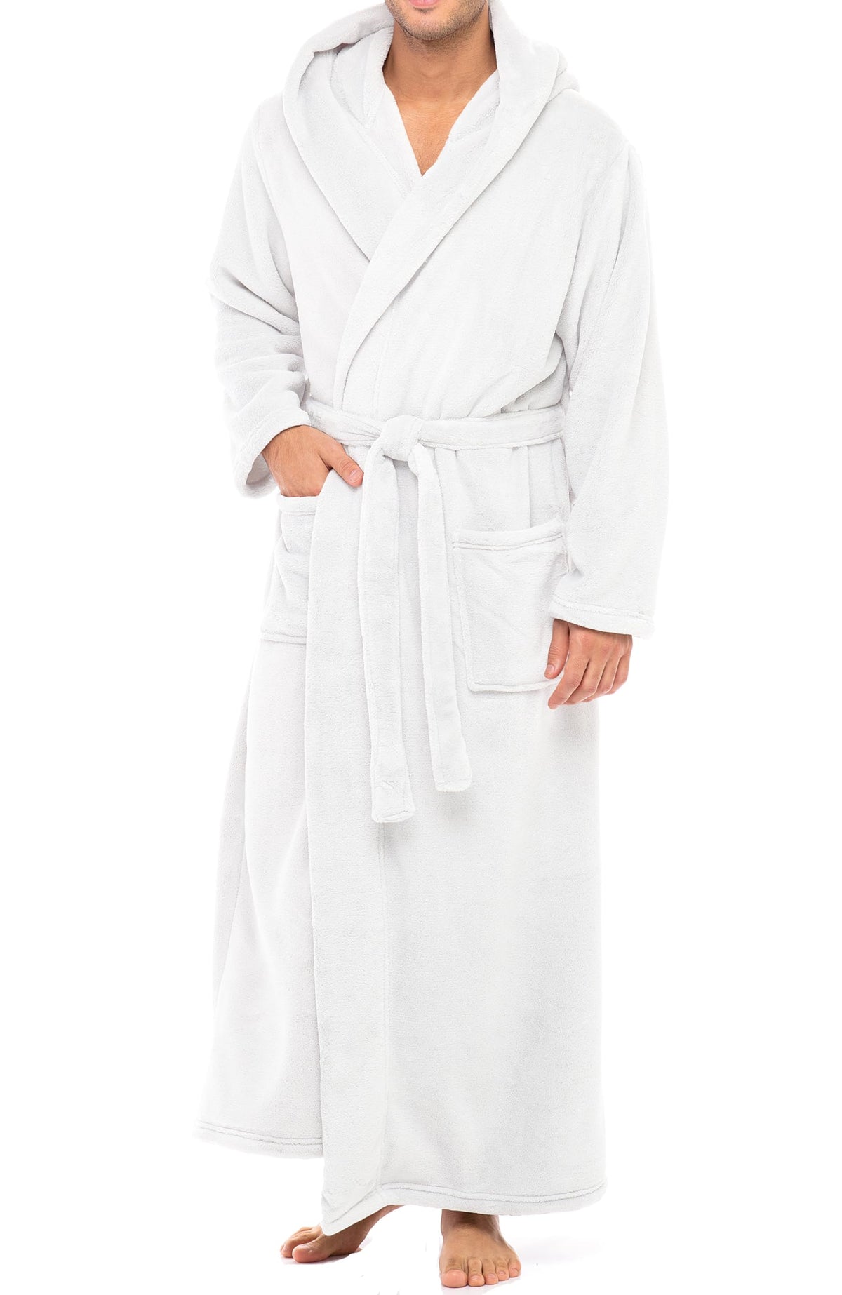 Men's Plush Fleece Hooded Robe with Pockets, Long Bathrobe