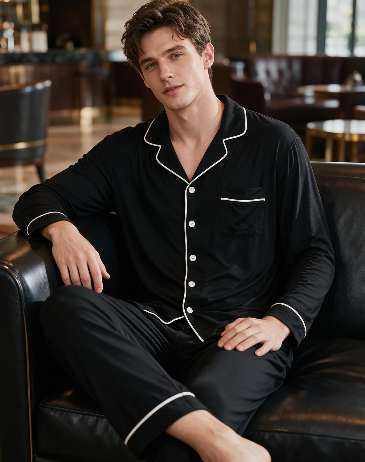 SWOMOG Men Pajamas Set Comfy Modal Pjs Button Down Sleepwear 2 Piece Long Sleeve Lounge Set Soft Nightwear with Pockets