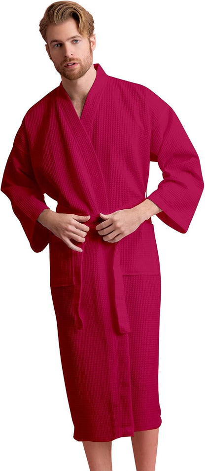 Men's Long Waffle Weave Kimono Bathrobe, 60% Cotton 40% Polyester